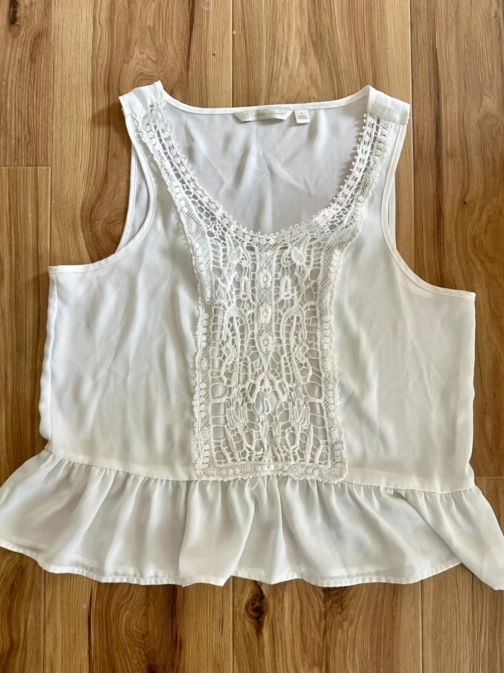 LC Lauren Conrad White Crochet-Front Ruffle Tank